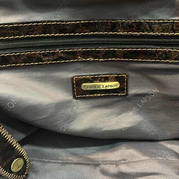 Charlie Lapson Croc Leopard Textured Print Satchel Bag Brass Hardware - Picture 13 of 16